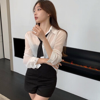 sndg高档雪纺微透薄款性感透视上衣气质时尚衬衫女装防晒白衬衣女