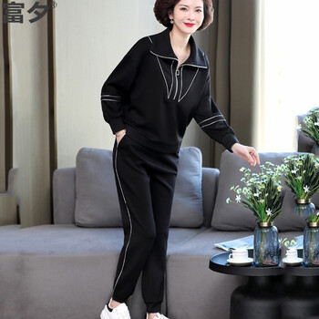 富夕23年秋装新款中年妈妈装套装洋气中老年女装春秋运动服大码两件套 2102黑色 2XL 建议105-120斤