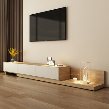 北欧电视柜茶几组合原木色可伸缩电视机柜简约现代轻奢岩板地柜直角长