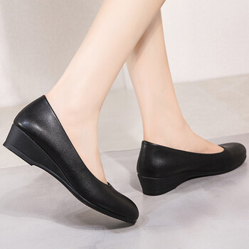 春秋夏季单皮鞋夏工作鞋圆头女单鞋低跟浅口橡胶底舒黑色后跟高3cm35