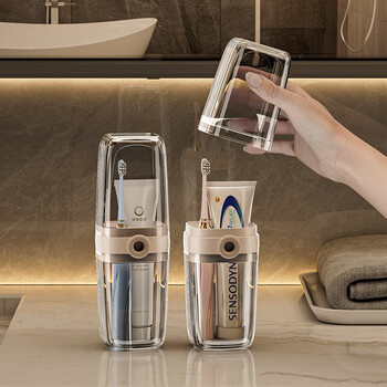 聚珥（JU ER）旅行洗漱杯牙刷牙膏牙具杯子便携式牙缸收纳套装三合一旅游漱口杯 1个装【一杯搞定 干净卫生】 升级高透黑配浅咖