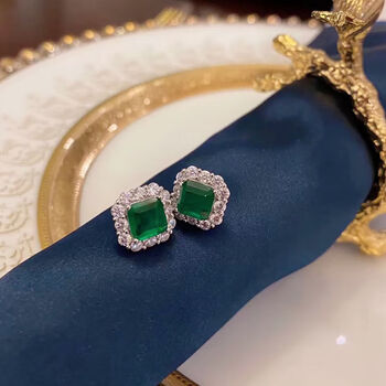 dleo祖母绿耳钉轻奢风哥伦比亚银百搭耳饰彩宝方形耳饰气质简约耳钉