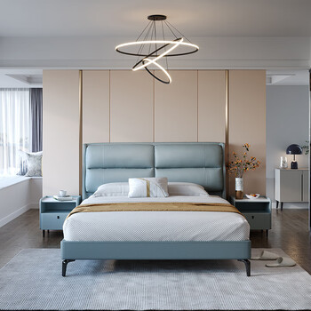 真皮双人床现代简约主卧婚床储物功能卧室家具皮床c078 灰蓝色高脚款