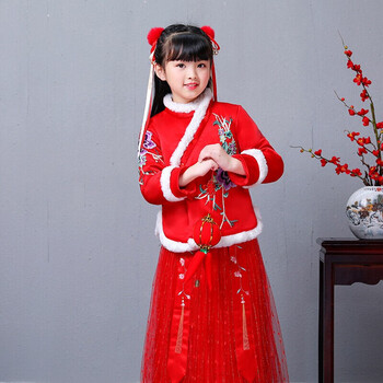 女童新年装拜年服中国风加厚旗袍裙儿童古筝演出服宝宝唐装冬加绒红色