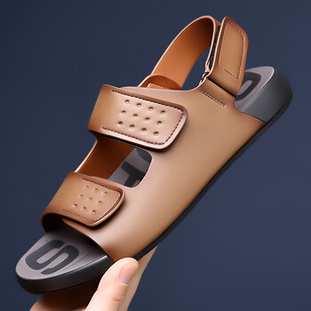 liketa男士凉鞋新款夏季休闲外穿透气皮凉鞋时尚轻奢防滑沙滩鞋男棕色