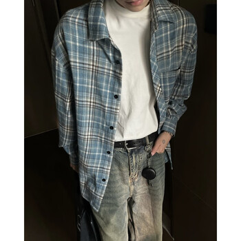 弘讯复古长袖格子衬衫男款夏季韩版潮流内搭衬衣潮牌大码叠穿翻领外套