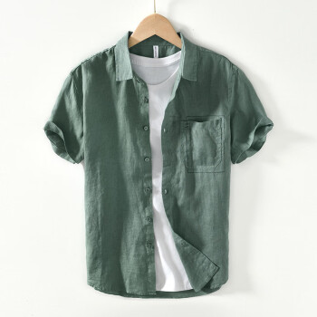 构致（GLOY&ZENITH）休闲亚麻短袖衬衫男士夏季轻薄透气口袋衬衣麻料百搭上衣 绿色 M