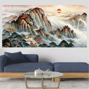 泰山日出国画山水画办公室茶室挂画客厅字画书法泰山日出国画无水靠山