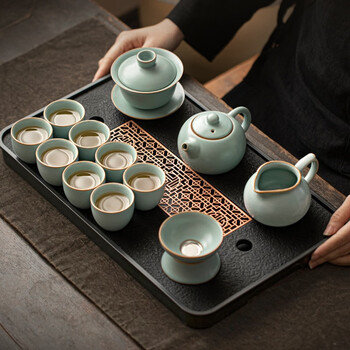 不拙汝窑茶具整套套餐天青色办公室会客茶盘茶具家用功夫茶具套装 1大古窗茶盘+天青汝窑向蓉13入