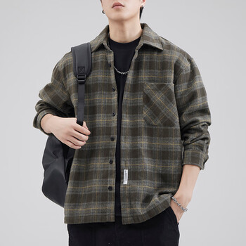潮天士复古加厚格子外套男宽松工装休闲男士长袖衬衫秋冬季百搭大码衬衣 咖色 M【100-120斤】
