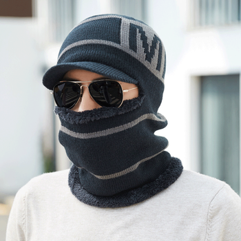 HOCR帽子男冬季加绒防寒加厚帽子女保暖冬天帽骑车防风针织潮流毛线帽 一体套头帽子-黑色