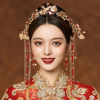 秀禾头饰结婚中式大气古代禾服新娘流苏凤冠秀禾服步摇女 前头饰 发钗