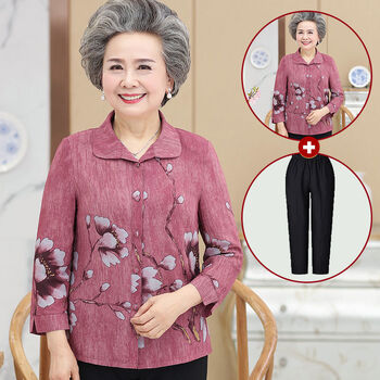 老年人春秋6070岁奶奶装衬衫夏装80妈妈上衣老人衣服女老太太套装 七分袖红色套装 L【70-90斤】