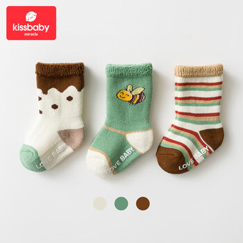 Kissbaby Miracle新生儿袜子冬季新年加厚透气男女宝宝可爱超萌婴儿袜子0-1-3-5岁 蜜蜂【加厚毛圈袜·三双装】 XS码  0-1岁宝宝使用
