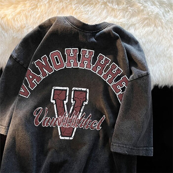 夏季美式衣服体恤男装宽松五分袖潮牌半袖水洗做旧t恤 x65【字母大v】