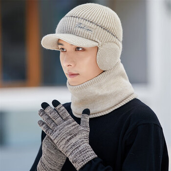 高尔夫球帽男士冬帽子加绒围脖保暖鸭舌帽户外运动针织毛 耳包一圈