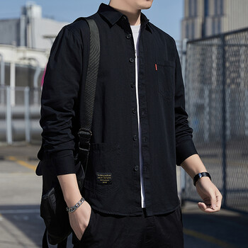 修身纯色长袖衬衫外套男韩版潮流休闲简约男士工装衬衣服男装801黑色m