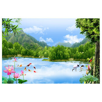 蓝天白云山水风景画荷花九鱼图客厅风水招财壁画卧室墙贴画梦倾城