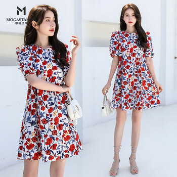 摩纳什丹连衣裙女2022款夏季碎花印花女装裙时尚圆领短袖高腰显瘦纯棉