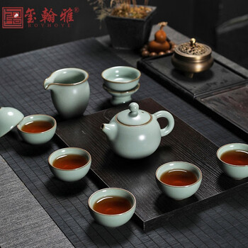 玺翰雅汝窑茶具套装家用手工冰裂纹三才盖碗整套陶瓷茶杯高颜值泡茶壶