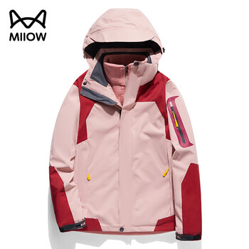 猫人男女三合一防风衣秋冬加绒加厚防风防水透气登山服运动外套滑雪服 女-粉色 L