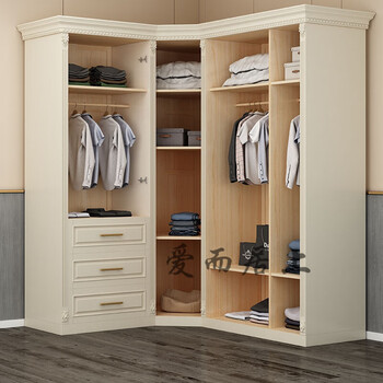 度定制美式全l型拐角平开衣橱顶柜整体衣帽间组装 全实木六门转角衣柜