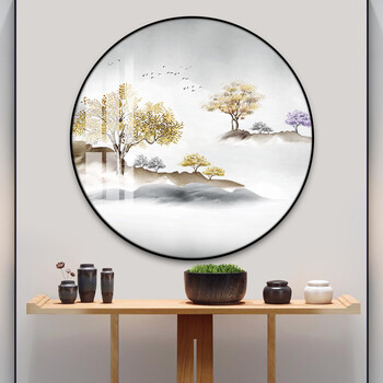 酣墨香圆形装饰画新中式玄关画电表箱挂画餐厅茶室走廊过道中国风山水