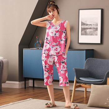 莫代尔女士睡衣背心夏季薄款短袖七分裤宽松夏天家居服女款中年妈妈