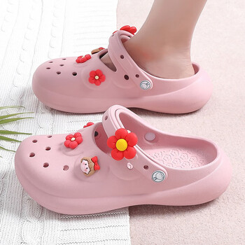 夏凉拖鞋女简约小清新轻软居家舒适厚底增高浴室防滑洞洞拖鞋 粉 