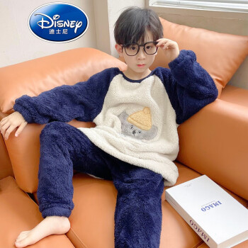 迪士尼品牌童装男童睡衣秋冬款法兰绒儿童家居服套装男孩冬季保暖两件套 藏青色 110cm