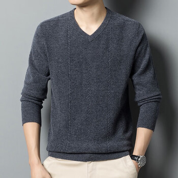 鄂尔多市产羊绒衫男士轻商务小v领色平针保暖套头衫时尚经典百搭休闲