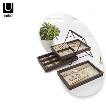 Umbra实木首饰架首饰收纳盒三层阶梯可推拉化妆品大容量口红分类女生送礼推荐 图片价格品牌报价 京东