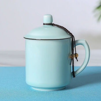 灿众青瓷会议小茶杯带盖冰裂家用陶瓷礼品杯男女士随手情侣定制杯弟窑