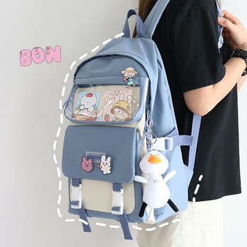 沫子21新款书包女中学生韩版原宿ulzzang高中小学生初中生撞色ins可爱大容量双肩包蓝色 带徽章和卡片 小鸭子挂件 图片价格品牌报价 京东