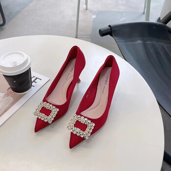 foolshasfortune红色高跟鞋女2023新款秀禾服婚鞋细跟尖头单鞋水钻