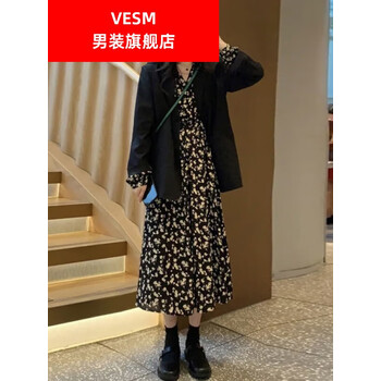 vesmairoudan轻奢女装碎花连衣裙女春秋款黑色西装外套长裙子套装套装
