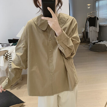 纯棉娃娃领衬衫女春季新款宽松减龄显瘦大翻领简约长袖韩版上衣卡其色