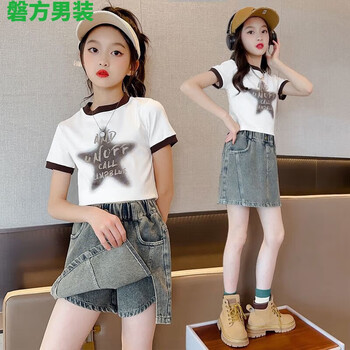 洋气儿童中大童牛仔短裤上衣短袖韩版夏季薄款两t恤裙裤5125套装120
