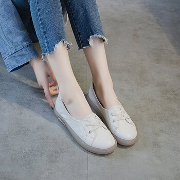 牛筋底女夏森女豆豆软底真的皮牛皮夏季薄款溥款平底鞋浅口单鞋米白35
