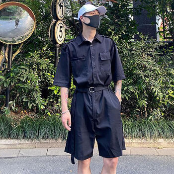 sudeebioy法式工装男装套装夏季短袖连体衣男男士帅气潮流一套搭配