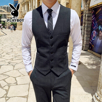 花花公子男装春季休闲新款格子男士西装马甲商务正装背心婚礼伴郎新郎