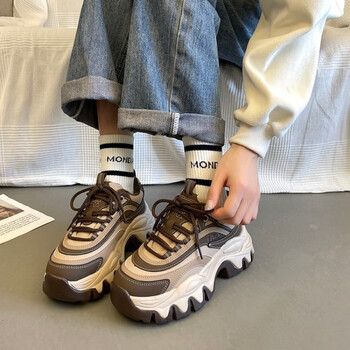 酷奇老爹鞋女潮2023新款女鞋厚底百搭小众运动棕色36