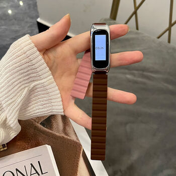 运动版智能手环磁吸硅胶替换带nfc版男女通用 粉棕配银壳 oppo band1