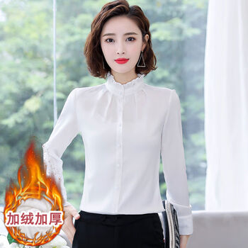携尔曼（XIEERMAN）加绒气质长袖立领雪纺衫女上衣春夏装新款衬衫女士女装 白色立领加绒 2XL 建议126斤-135斤