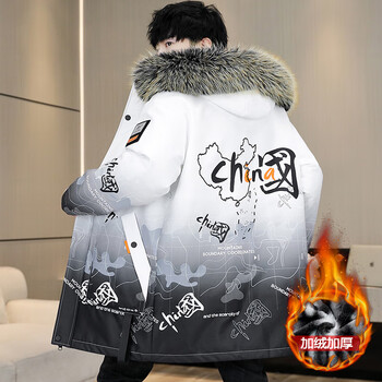中长款2023新款加厚保暖派克服潮牌冬装大版加绒外套男 中国地图白色
