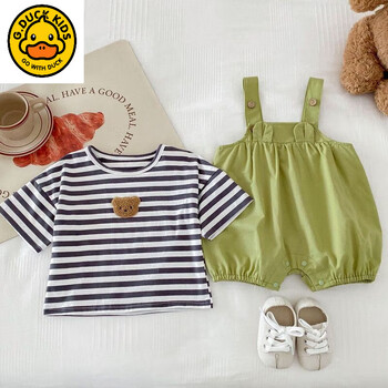 with duck新生婴儿衣服夏季薄款休闲条纹短袖背带裤套装哈衣宝宝夏装