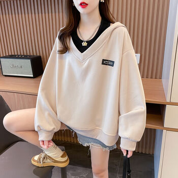 鹄骆假两件卫衣女2023秋冬大v领连帽卫衣女秋冬季2023年新款宽松落肩