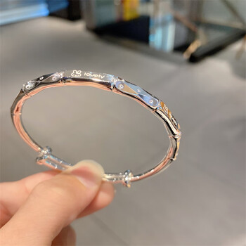 晴夫人999足银手镯女士年轻款菱形竹节可爱兔手镯实心银镯子时尚手环