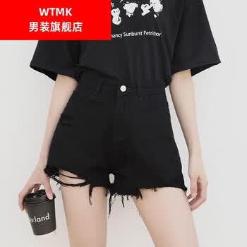 wtmk黑色牛仔女新款高腰超宽松显瘦a字夏季薄款白色热裤黑色xs码建议