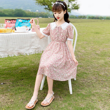 沣宁女童夏装连衣裙2022新款小中大儿童洋气十岁女孩衣服雪纺碎花裙子